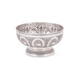 AN INDIAN SILVER COLOURED PEDESTAL BOWL