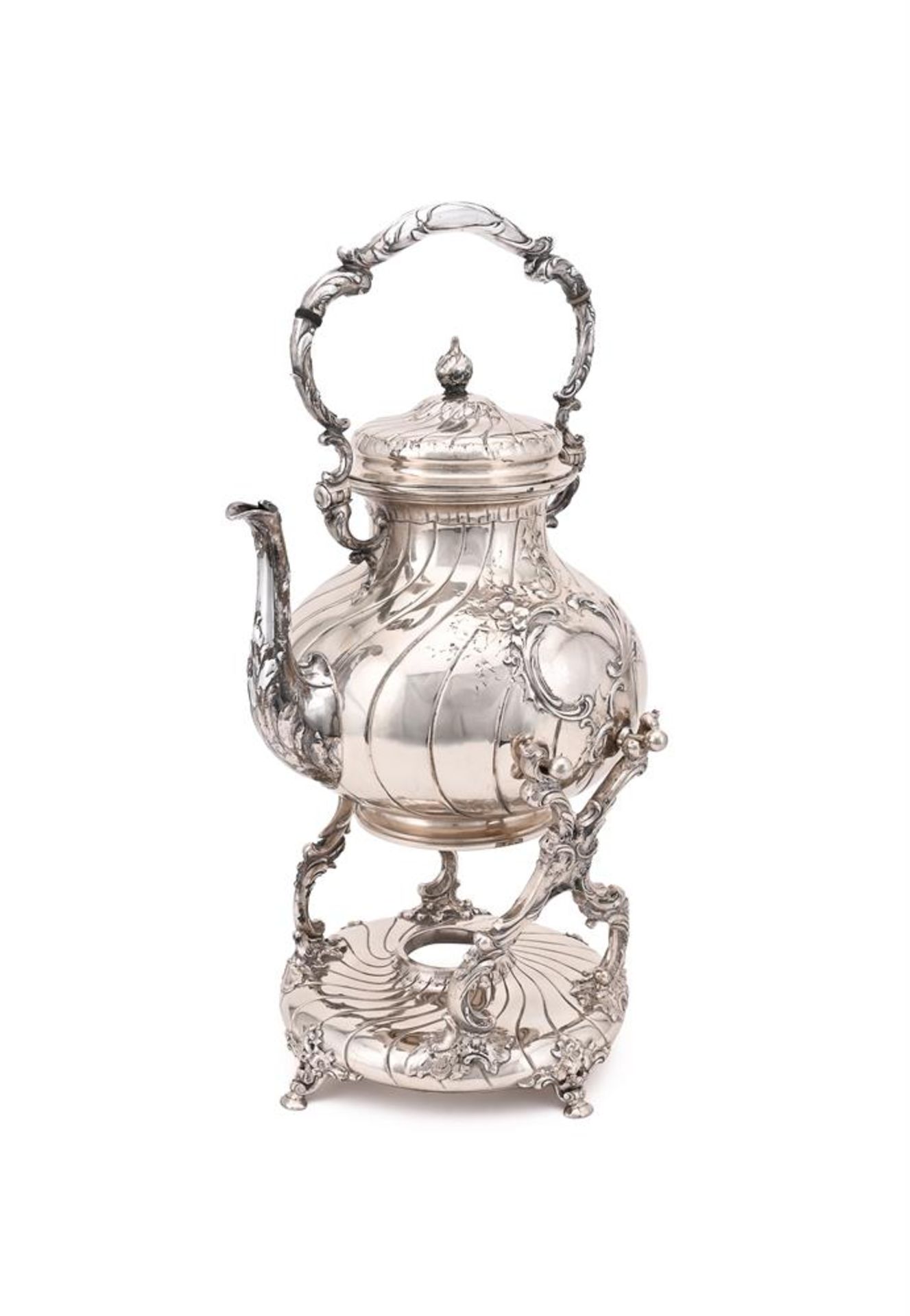 A GERMAN SILVER BALUSTER KETTLE ON AN ASSOCIATED SILVER STAND