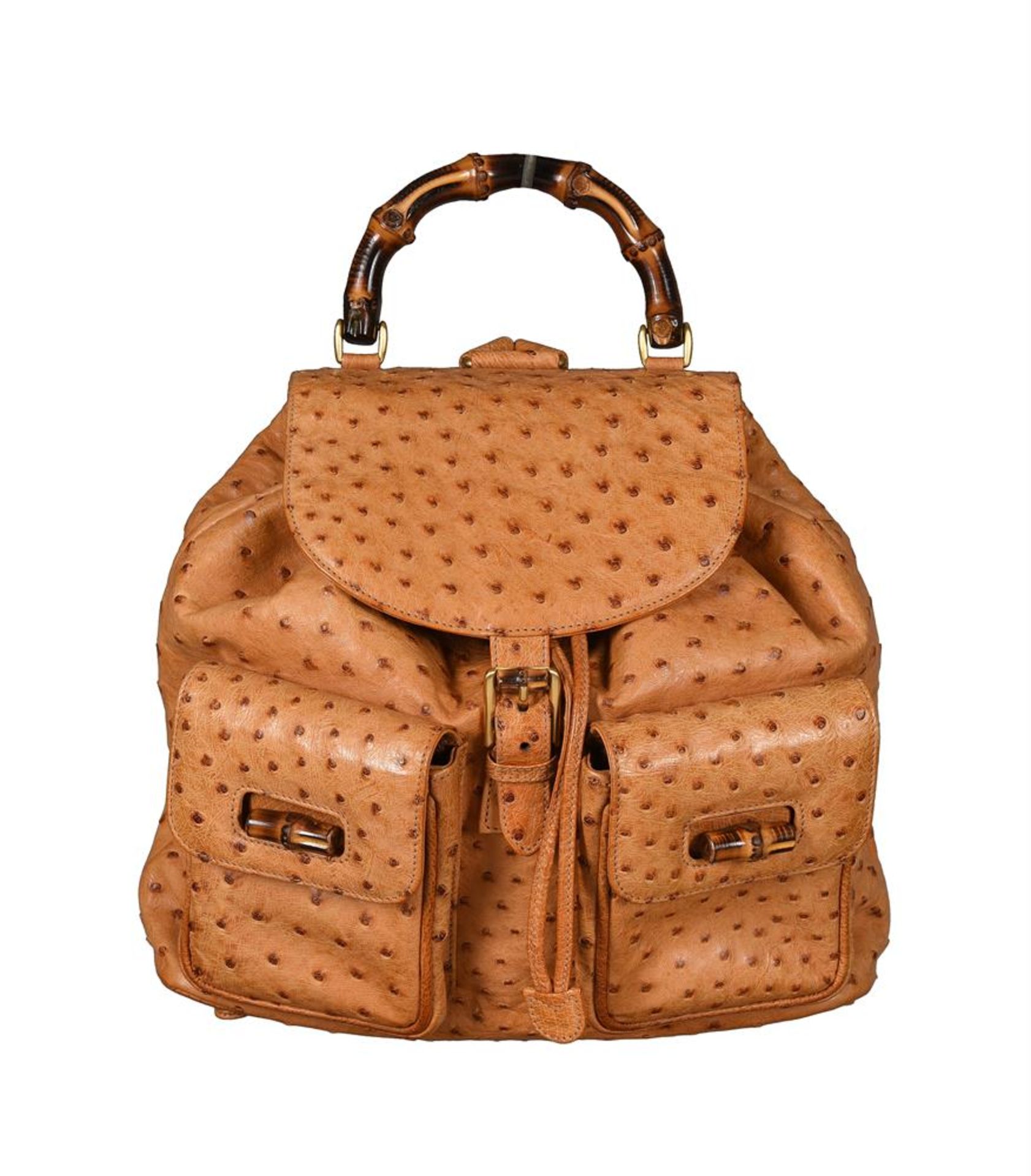 GUCCI, A TAN OSTRICH LEATHER AND BAMBOO BACKPACK