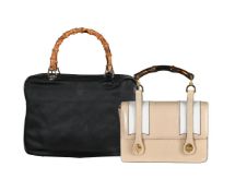 GUCCI, A BEIGE AND WHITE LEATHER AND BAMBOO HANDLED HANDBAG