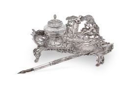 A SILVER SHAPED OVAL INKSTAND