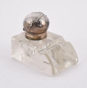 A FRENCH SILVER COLOURED MOUNTED AND ETCHED GLASS INKWELL