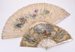 Y A MOTHER OF PEARL AND PAINTED SILK FAN