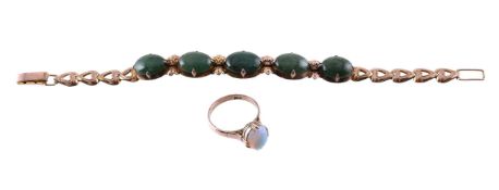 AN OPAL RING AND A GREEN STONE BRACELET
