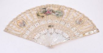 Y A MOTHER OF PEARL, BONE AND PAINTED SILK FAN