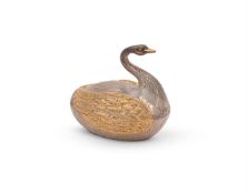 A MEXICAN SILVER AND SILVER GILT COLOURED BOX IN THE FORM OF A SWAN
