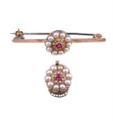 AN ANTIQUE AND LATER HALF PEARL AND RUBY CLUSTER CLASP AND A BAR BROOCH