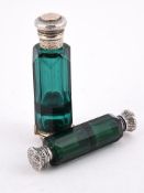 TWO VICTORIAN GREEN GLASS DOUBLE ENDED SCENT BOTTLES