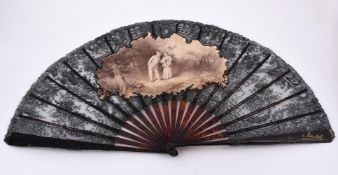 Y A TORTOISESHELL, BLACK LACE AND PAINTED SILK FAN