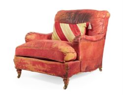 A LATE VICTORIAN WALNUT AND RED LEATHER ARMCHAIR BY HOWARD & SONS, LATE 19TH/EARLY 20TH CENTURY