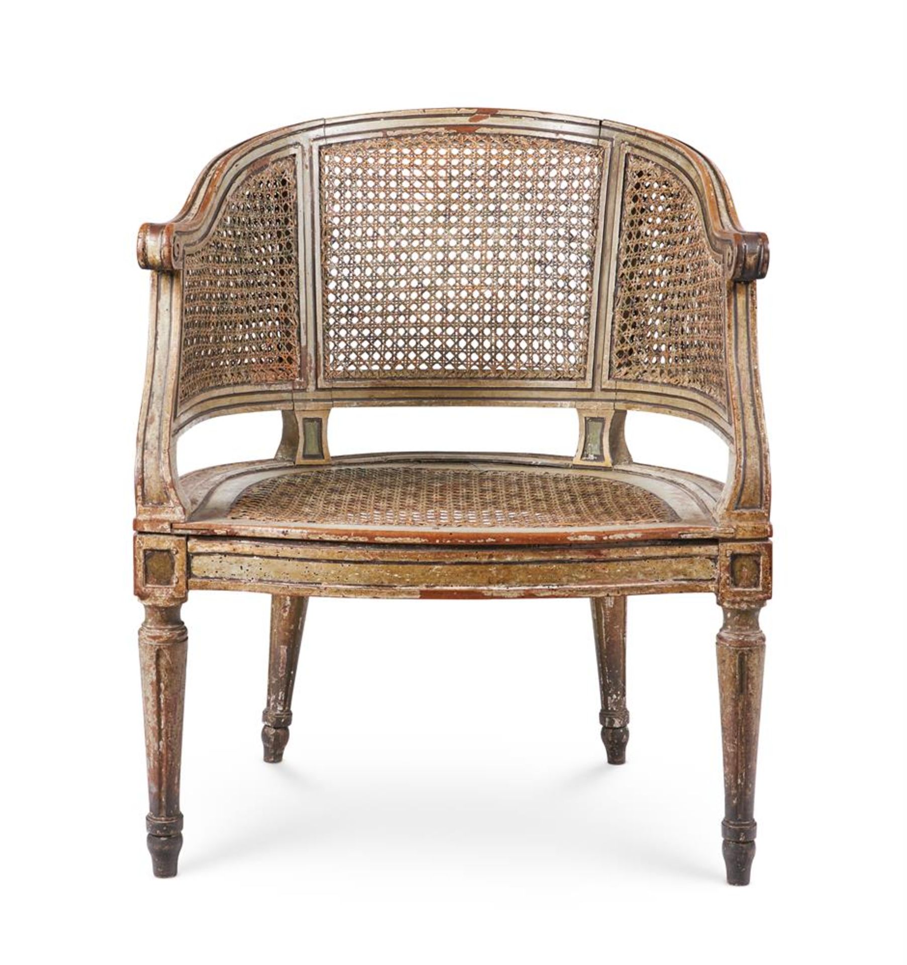 A LOUIS XVI PAINTED WALNUT BERGERE ARMCHAIR, LATE 18TH CENTURY - Image 6 of 6