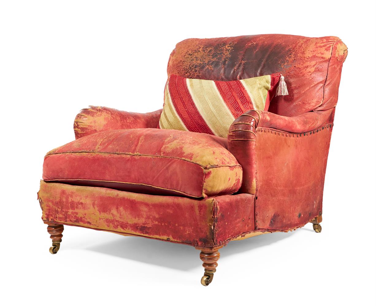 A LATE VICTORIAN WALNUT AND RED LEATHER ARMCHAIR BY HOWARD & SONS, LATE 19TH/EARLY 20TH CENTURY - Image 2 of 5