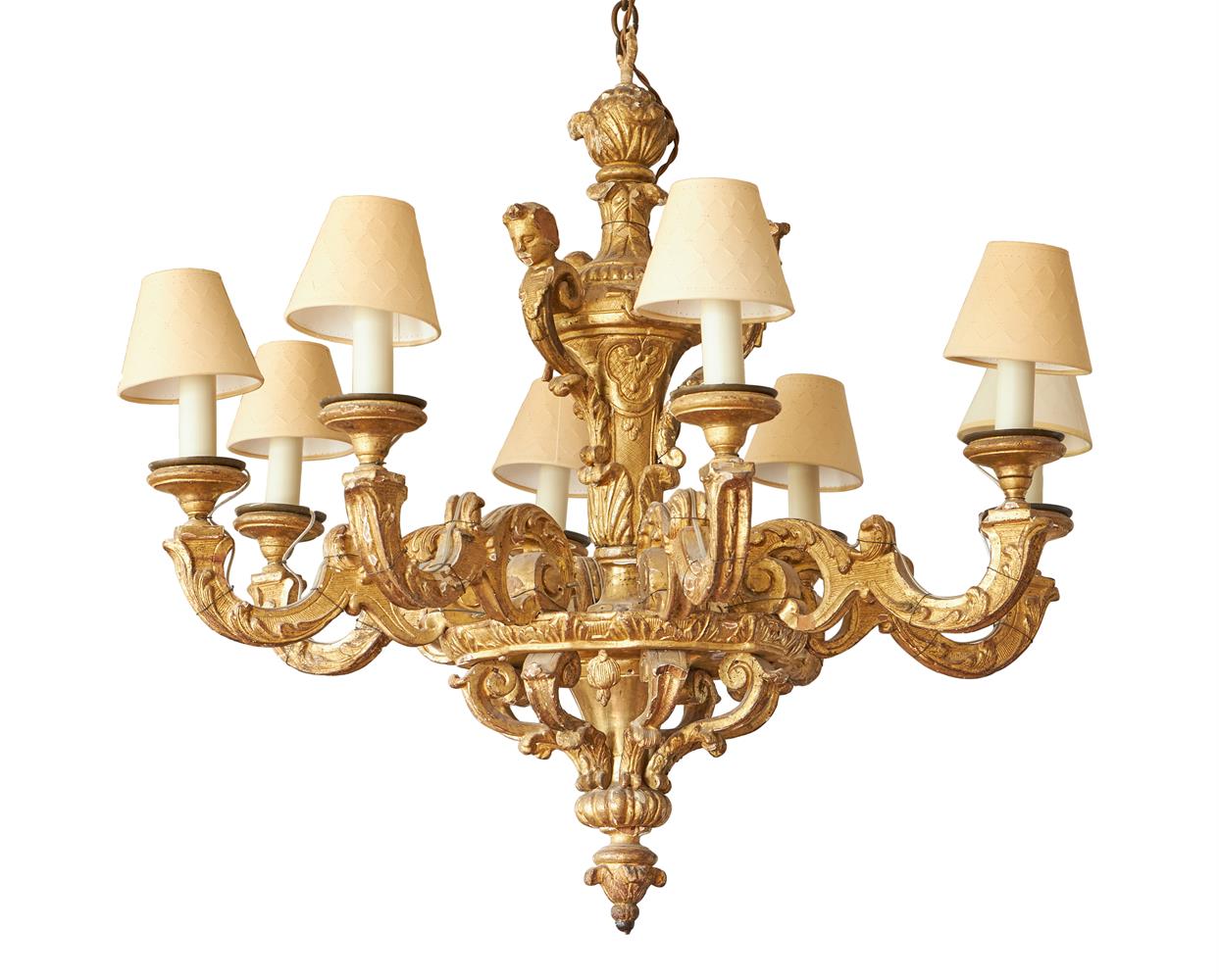 A CARVED GILTWOOD EIGHT LIGHT CHANDELIER FRENCH, AFTER ANDRE-CHARLES BOULLE, EARLY 18TH CENTURY - Image 2 of 5