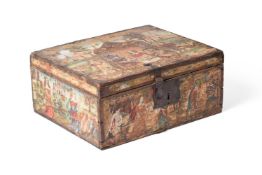 A CHARLES II STUMPWORK CARTOON DECORATED BOX, CIRCA 1660