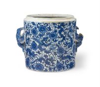 A FAIENCE, BLUE AND WHITE LARGE TWO HANDLED JARDINIERE, POSSIBLY FRENCH, CIRCA 1800