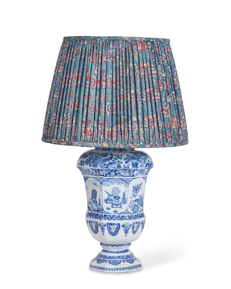 A DELFT BLUE AND WHITE TRANSITIONAL VASE LAMP, CIRCA 1700