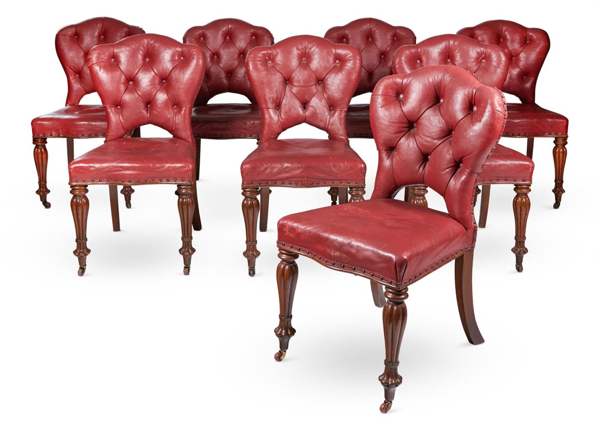 A SET OF EIGHT EARLY VICTORIAN OAK AND RED LEATHER DINING CHAIRS MID 19TH CENTURY - Image 4 of 5