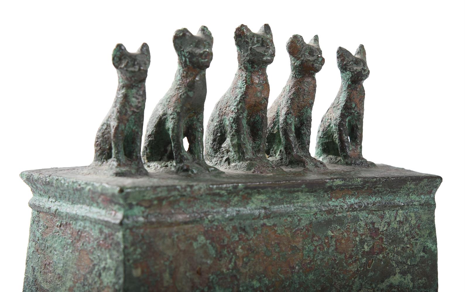 AN EGYPTIAN BRONZE SARCOPHAGUS SURMOUNTED BY KITTENS, LATE PERIOD, CIRCA 716-30 B.C. - Image 2 of 3