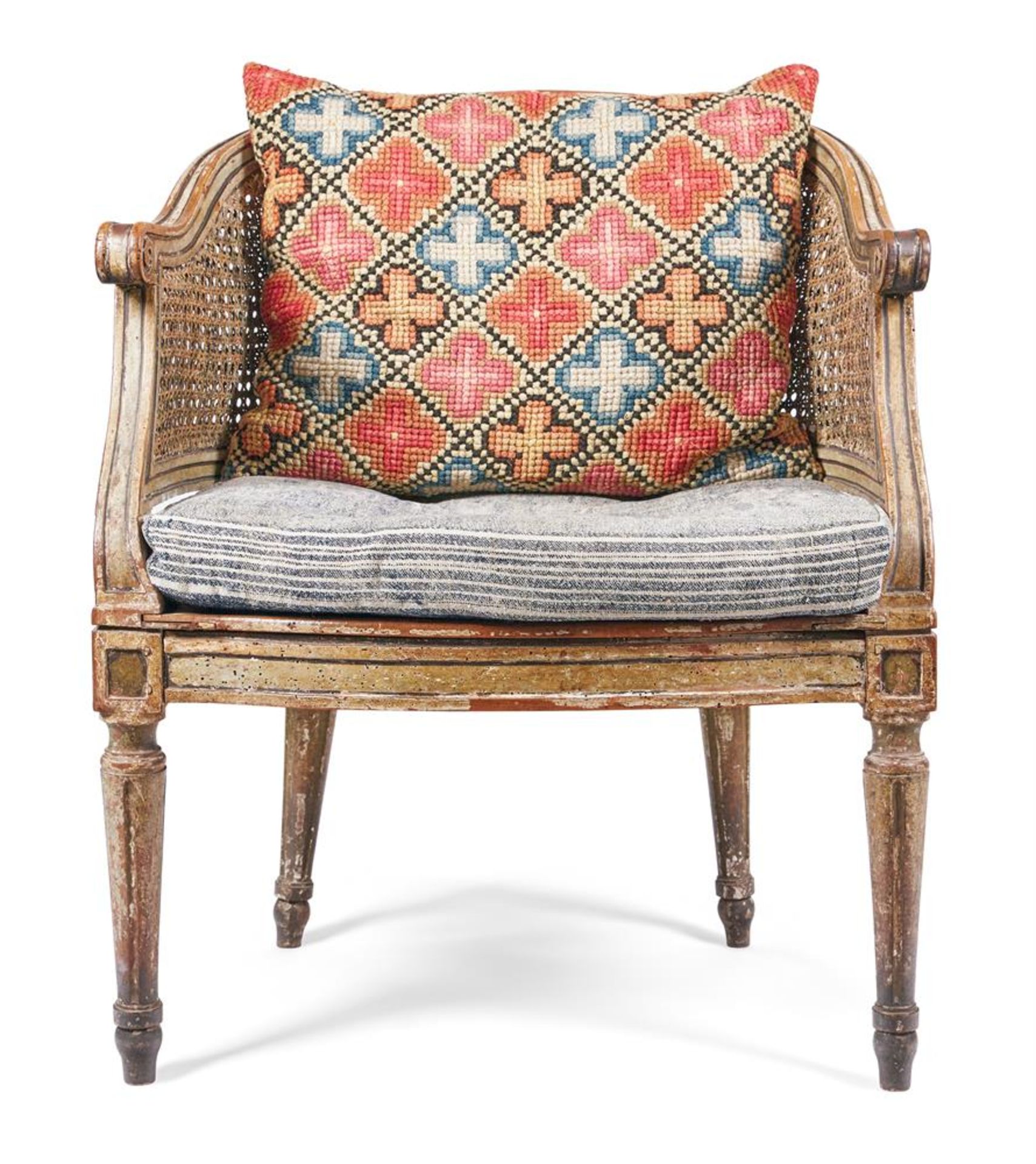 A LOUIS XVI PAINTED WALNUT BERGERE ARMCHAIR, LATE 18TH CENTURY - Image 4 of 6