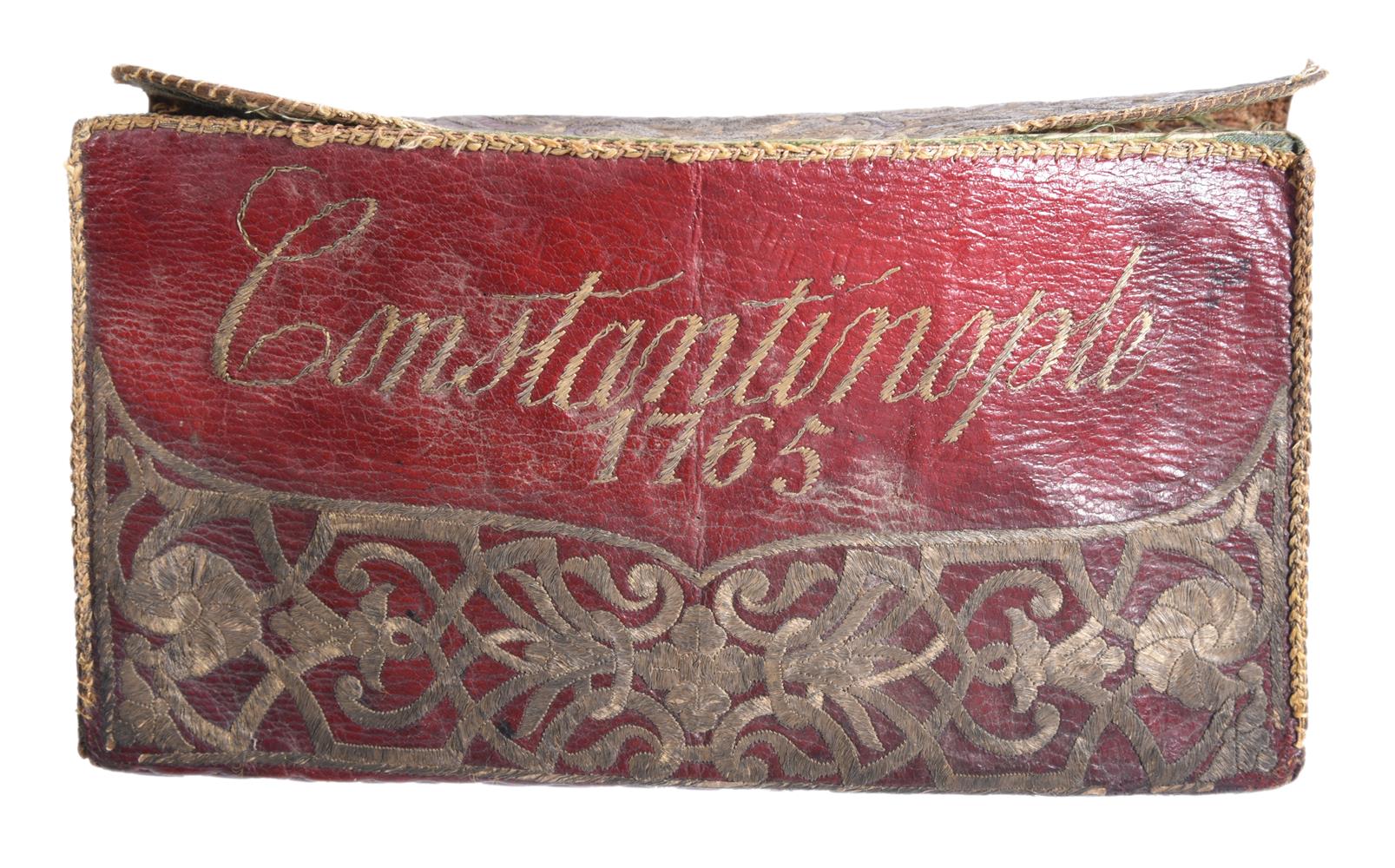 AN OTTOMAN METAL THREAD EMBROIDERED LEATHER PURSE, CONSTANTINOPLE, 1765 - Image 2 of 4