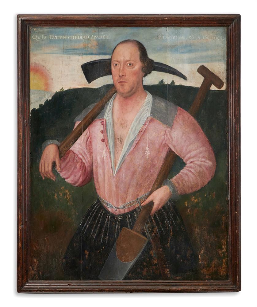 ENGLISH SCHOOL (EARLY 17TH CENTURY), PORTRAIT OF A MAN WITH A PICKAXE AND A SPADE IN A LANDSCAPE