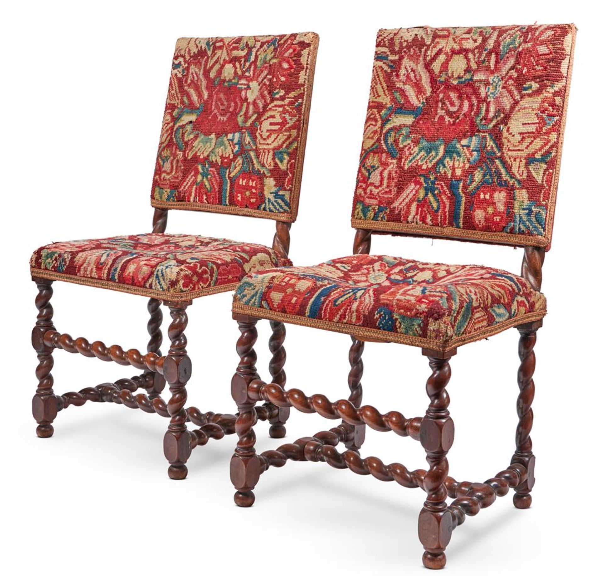 A PAIR OF WILLIAM & MARY WALNUT AND TURKEY-WORK SIDE CHAIRS OR BACKSTOOLS, LATE 17TH CENTURY
