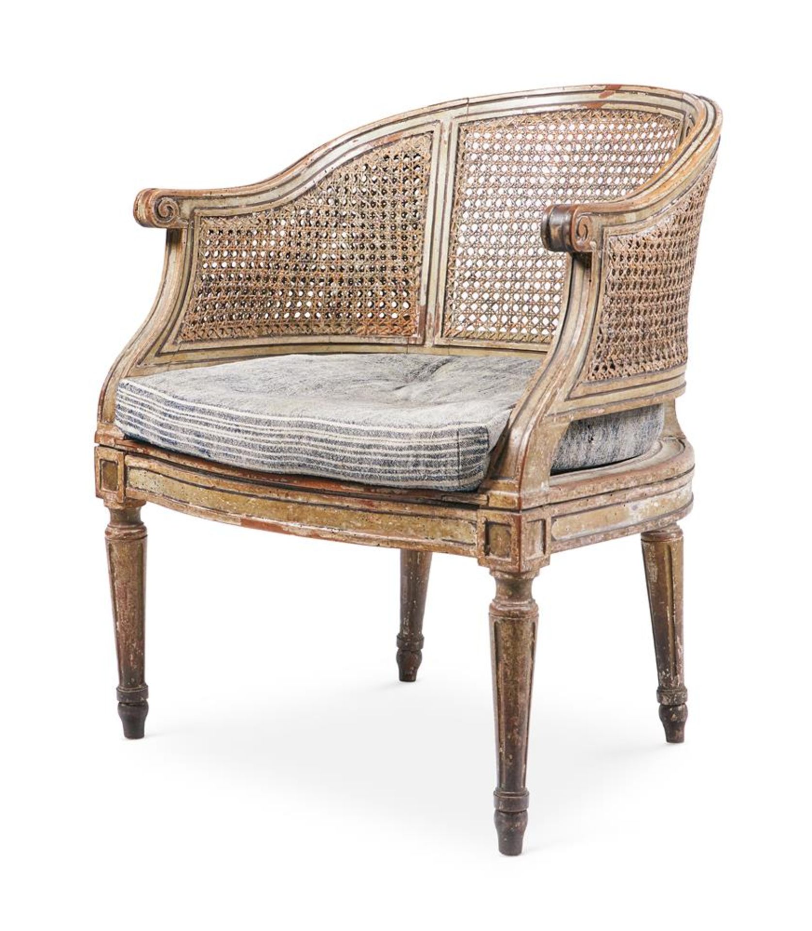 A LOUIS XVI PAINTED WALNUT BERGERE ARMCHAIR, LATE 18TH CENTURY - Image 2 of 6