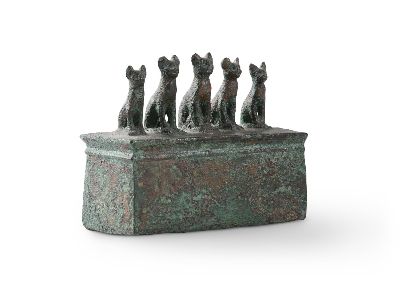 AN EGYPTIAN BRONZE SARCOPHAGUS SURMOUNTED BY KITTENS, LATE PERIOD, CIRCA 716-30 B.C.