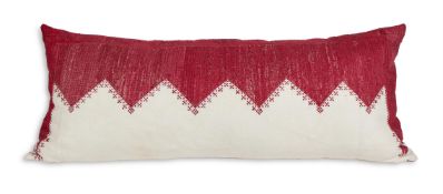 A PAIR OF MORROCAN CRIMSON CROSS STITCH EMBROIDERED CUSHIONS BY ROBERT KIME