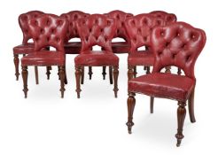 A SET OF EIGHT EARLY VICTORIAN OAK AND RED LEATHER DINING CHAIRS MID 19TH CENTURY