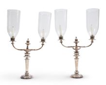 A PAIR OF GEORGE III SILVER PLATED TWO LIGHT CANDELABRA, MATTHEW BOULTON COMPANY