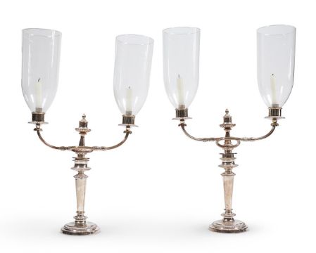 A PAIR OF GEORGE III SILVER PLATED TWO LIGHT CANDELABRA, MATTHEW BOULTON COMPANY