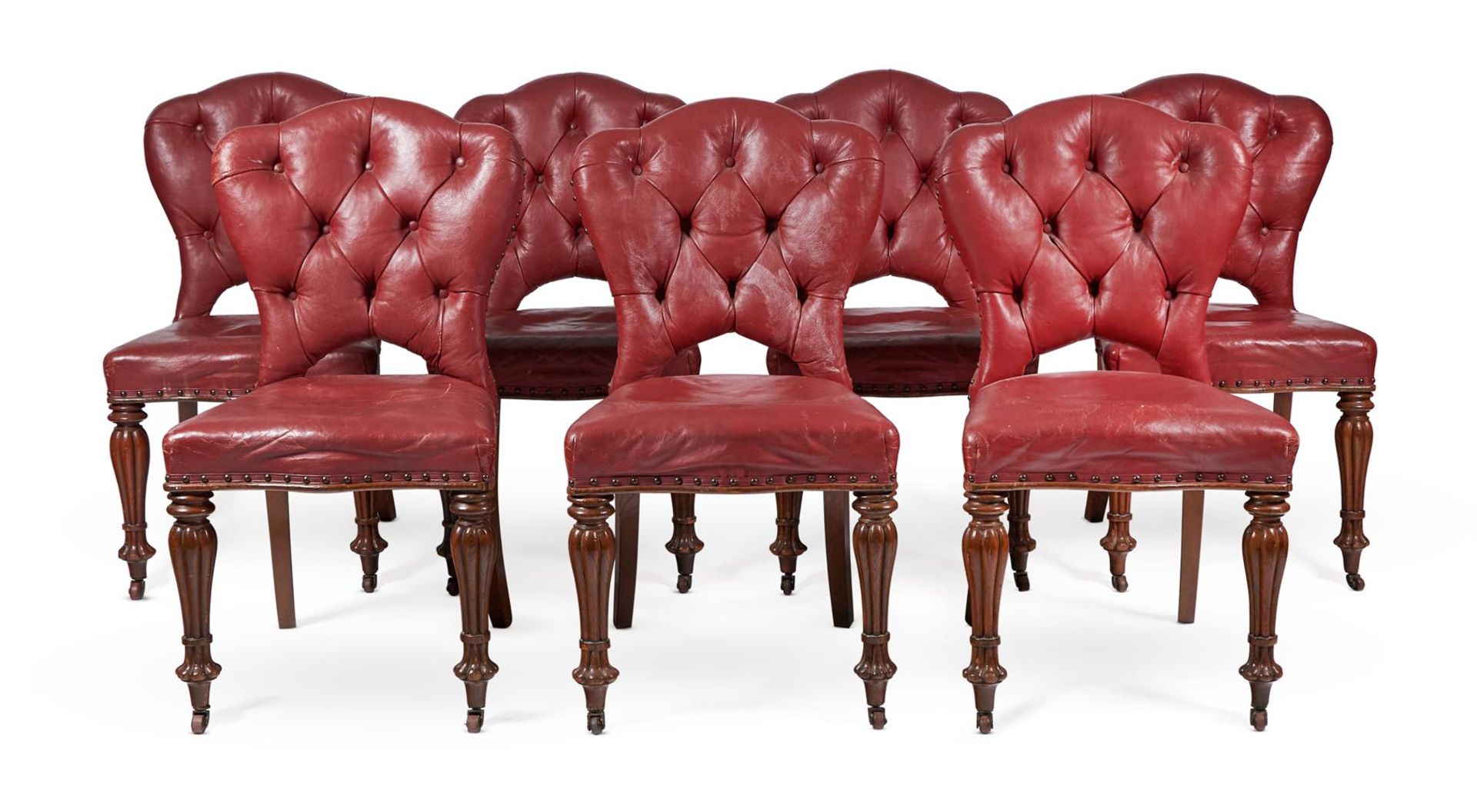A SET OF EIGHT EARLY VICTORIAN OAK AND RED LEATHER DINING CHAIRS MID 19TH CENTURY - Image 2 of 5