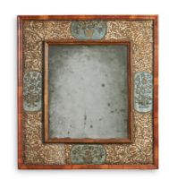 A WILLIAM & MARY WALNUT AND PAPER SCROLL WORK WALL MIRROR CIRCA 1700