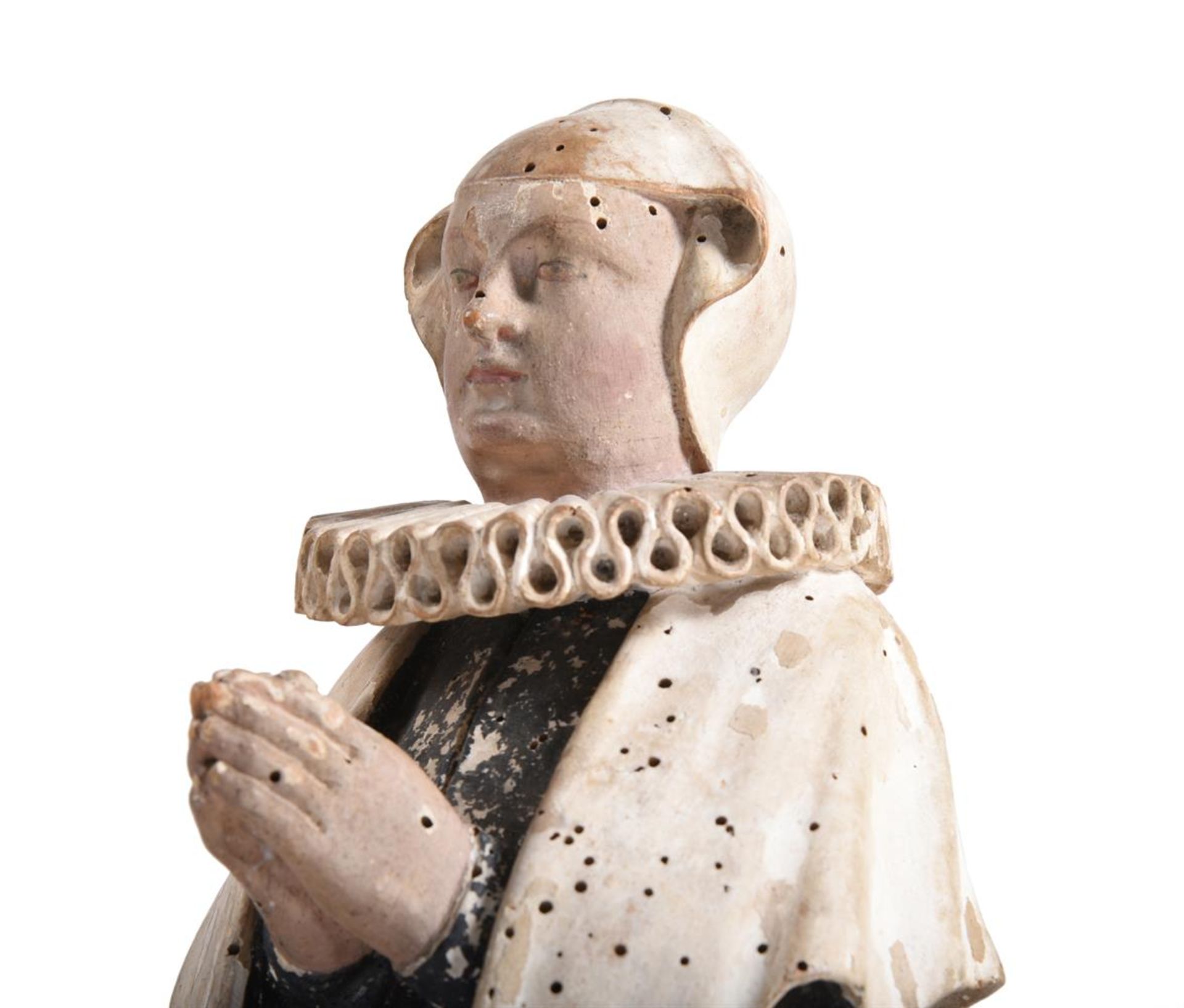 A CARVED AND PAINTED WOOD FIGURE OF A LADY AT PRAYER OR 'KNEELER', EARLY 17TH CENTURY - Bild 2 aus 3