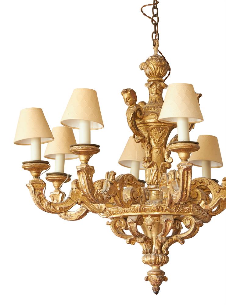 A CARVED GILTWOOD EIGHT LIGHT CHANDELIER FRENCH, AFTER ANDRE-CHARLES BOULLE, EARLY 18TH CENTURY - Image 4 of 5