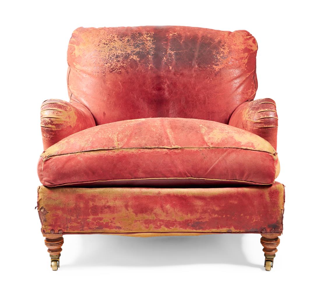A LATE VICTORIAN WALNUT AND RED LEATHER ARMCHAIR BY HOWARD & SONS, LATE 19TH/EARLY 20TH CENTURY - Image 5 of 5