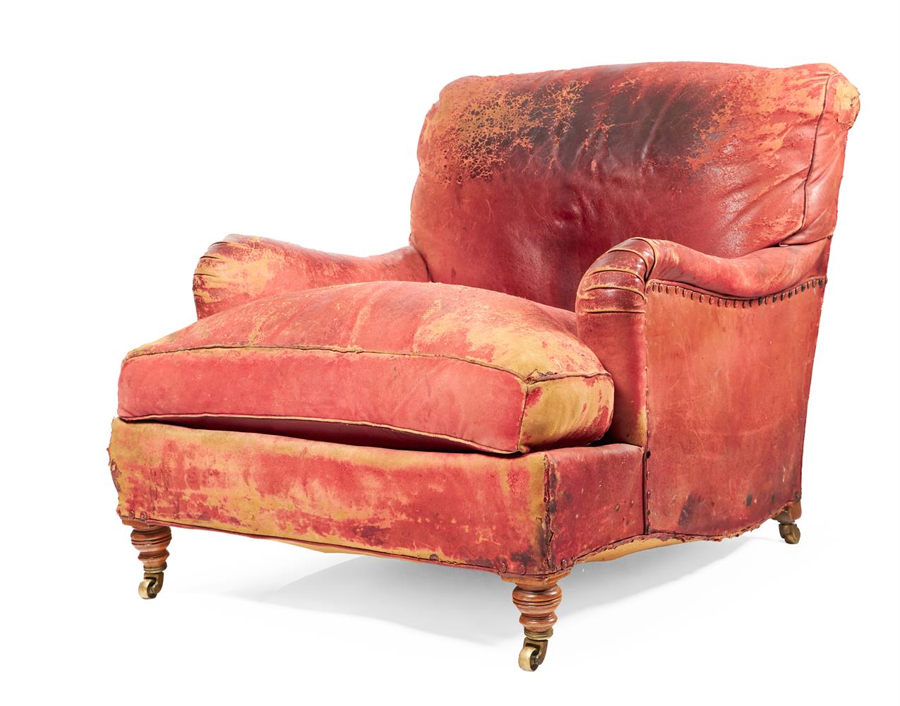 A LATE VICTORIAN WALNUT AND RED LEATHER ARMCHAIR BY HOWARD & SONS, LATE 19TH/EARLY 20TH CENTURY - Image 4 of 5