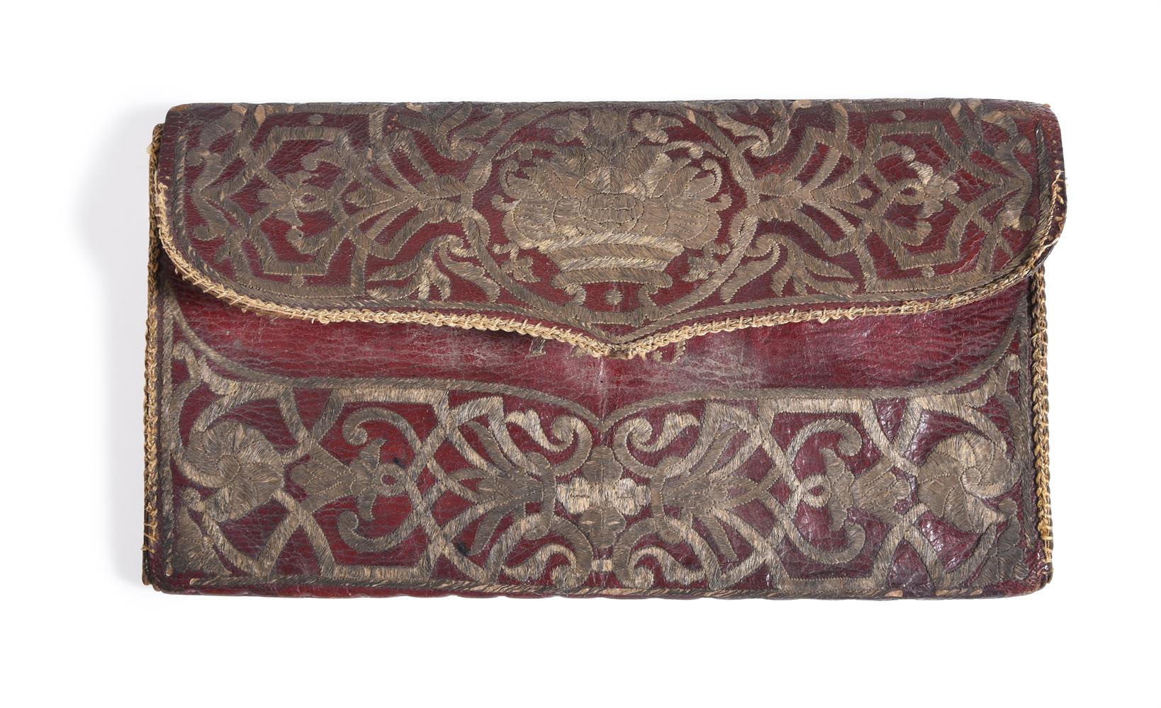 AN OTTOMAN METAL THREAD EMBROIDERED LEATHER PURSE, CONSTANTINOPLE, 1765