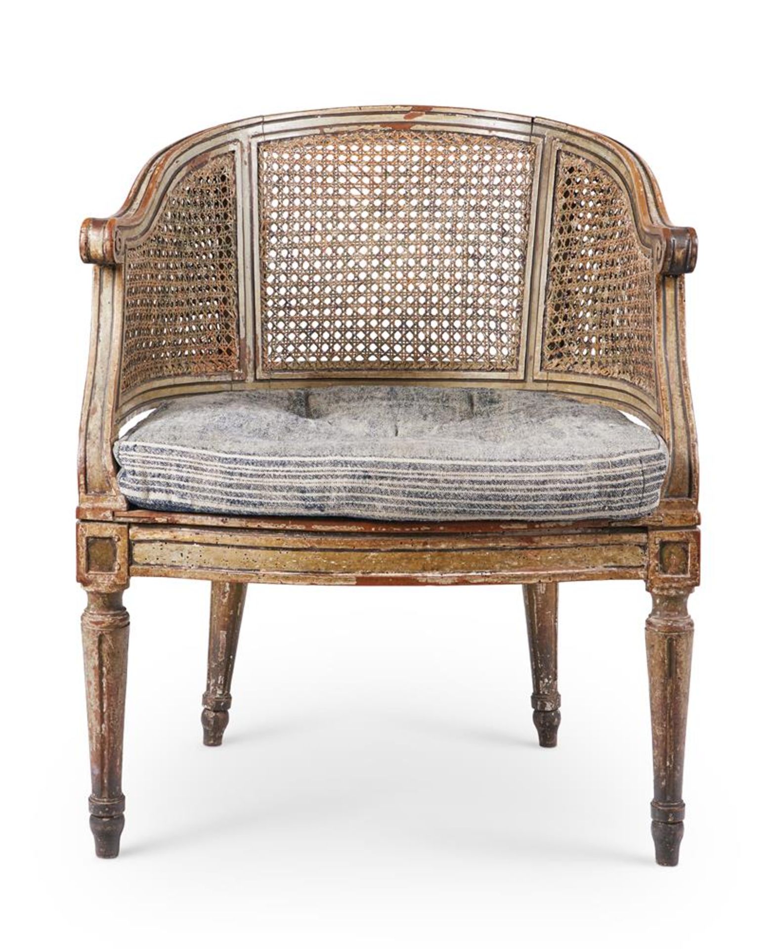 A LOUIS XVI PAINTED WALNUT BERGERE ARMCHAIR, LATE 18TH CENTURY - Image 5 of 6
