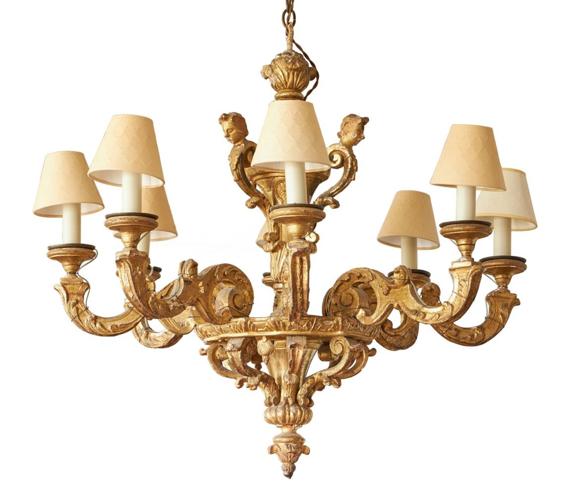 A CARVED GILTWOOD EIGHT LIGHT CHANDELIER FRENCH, AFTER ANDRE-CHARLES BOULLE, EARLY 18TH CENTURY - Image 3 of 5