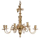 A BRASS EIGHT BRANCH CHANDELIER IN THE 17TH CENTURY STYLE, POSSIBLY IRISH, 19TH CENTURY