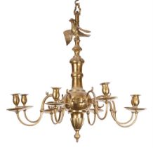 A BRASS EIGHT BRANCH CHANDELIER IN THE 17TH CENTURY STYLE, POSSIBLY IRISH, 19TH CENTURY