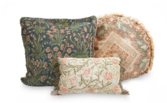 A GROUP OF THREE CUSHIONS, THE FABRIC 19TH CENTURY