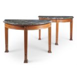 A PAIR OF VICTORIAN OAK SEMI ELLIPTICAL SIDE TABLES PROBABLY MADE ON THE WYNYARD PARK ESTATE