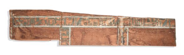 AN EGYPTIAN POLYCHROME PAINTED WOOD SARCOPHAGUS PANEL BELONGING TO A WOMAN MIDDLE KINGDOM