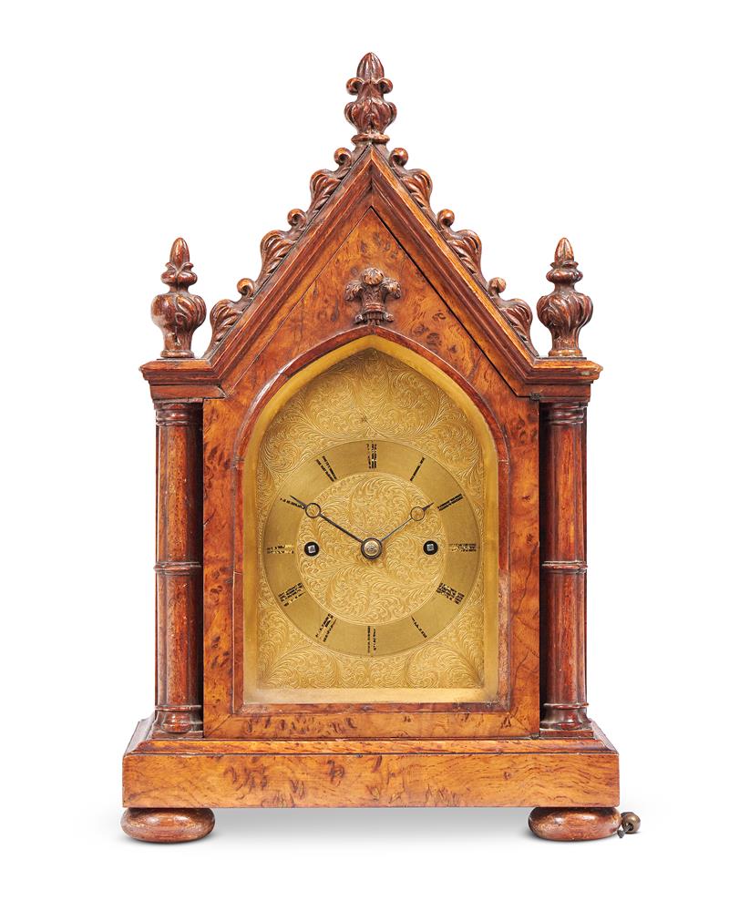 AN EARLY VICTORIAN CARVED AND BURR OAK SMALL MANTEL CLOCK BY VINER, LONDON, CIRCA 1841 - Image 2 of 2