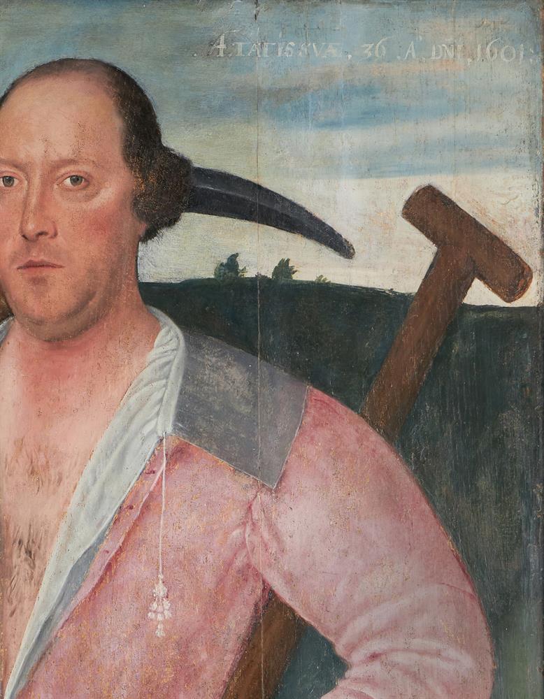 ENGLISH SCHOOL (EARLY 17TH CENTURY), PORTRAIT OF A MAN WITH A PICKAXE AND A SPADE IN A LANDSCAPE - Image 2 of 4