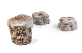 A ROMAN MARBLE CORINTHIAN CAPITAL AND TWO LATER SMALL MARBLE CAPITAL SECTIONS/STATUE BASES