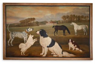 WILLIAM NEDHAM (ENGLISH, ACTIVE 1815-1849), DOGS AND HORSES IN THE GROUNDS OF CLOPTON HOUSE